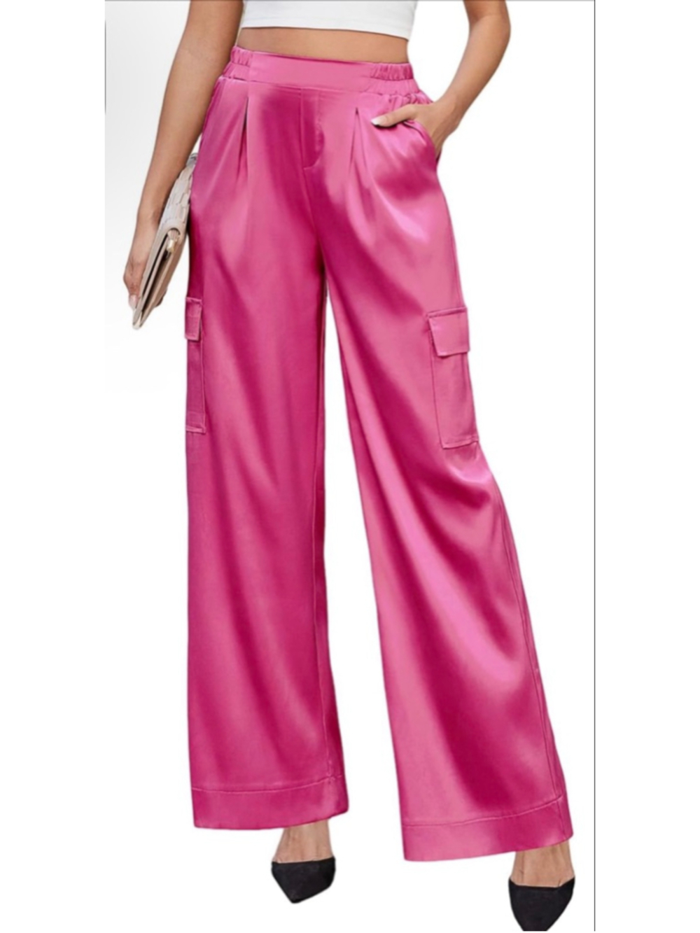 NEW Satin Wide Leg High Waisted Cargo Pants Silky Dress Pants 2X